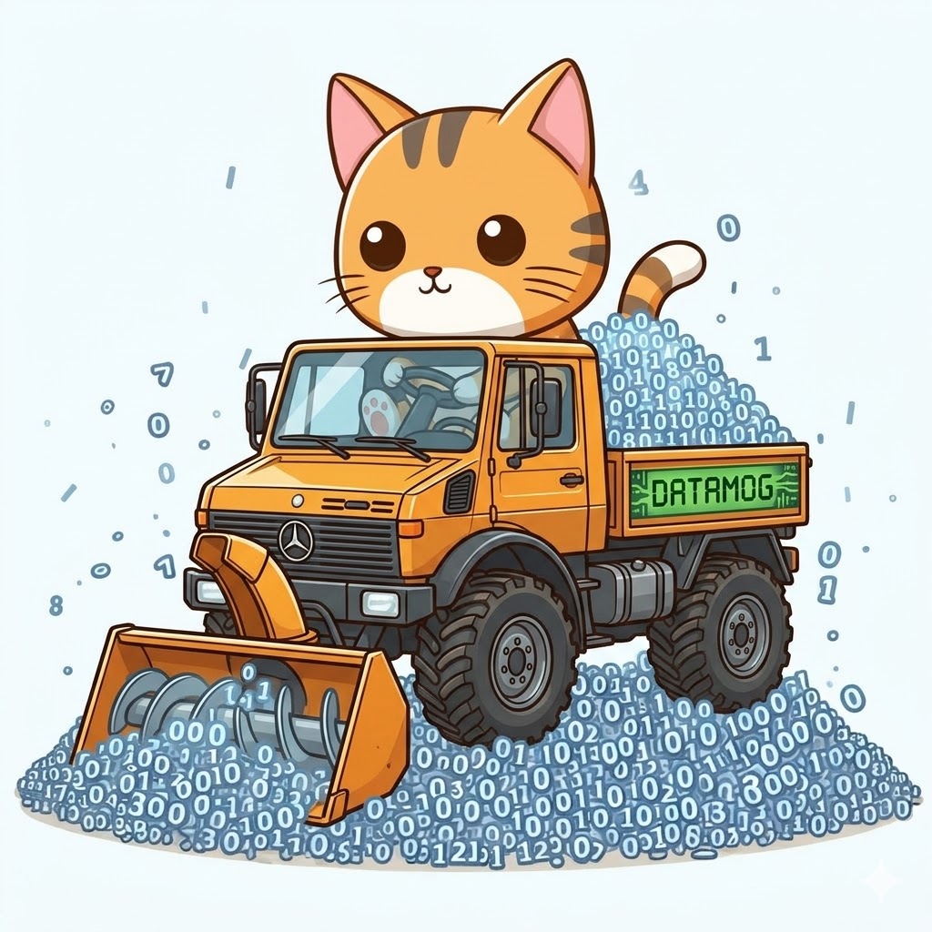 Flat cartoon mascot illustration on a pale bluish-white background. A cute round-faced orange tabby kitten with big shiny eyes and pink inner ears sits driving an orange Mercedes-Benz Unimog utility truck, its paws on the wheel and striped tail flicking up behind. The truck has chunky off-road tyres, a Mercedes three-pointed-star grille, and a wooden flatbed whose green side panel bears the word 'DATAMOG' in a pixel-style font. A large auger or snow-blower attachment on the front is plowing through a heap of scattered blue binary digits (0s and 1s) that pile up around the wheels and drift through the air. Playful, friendly, kawaii style with bold outlines.