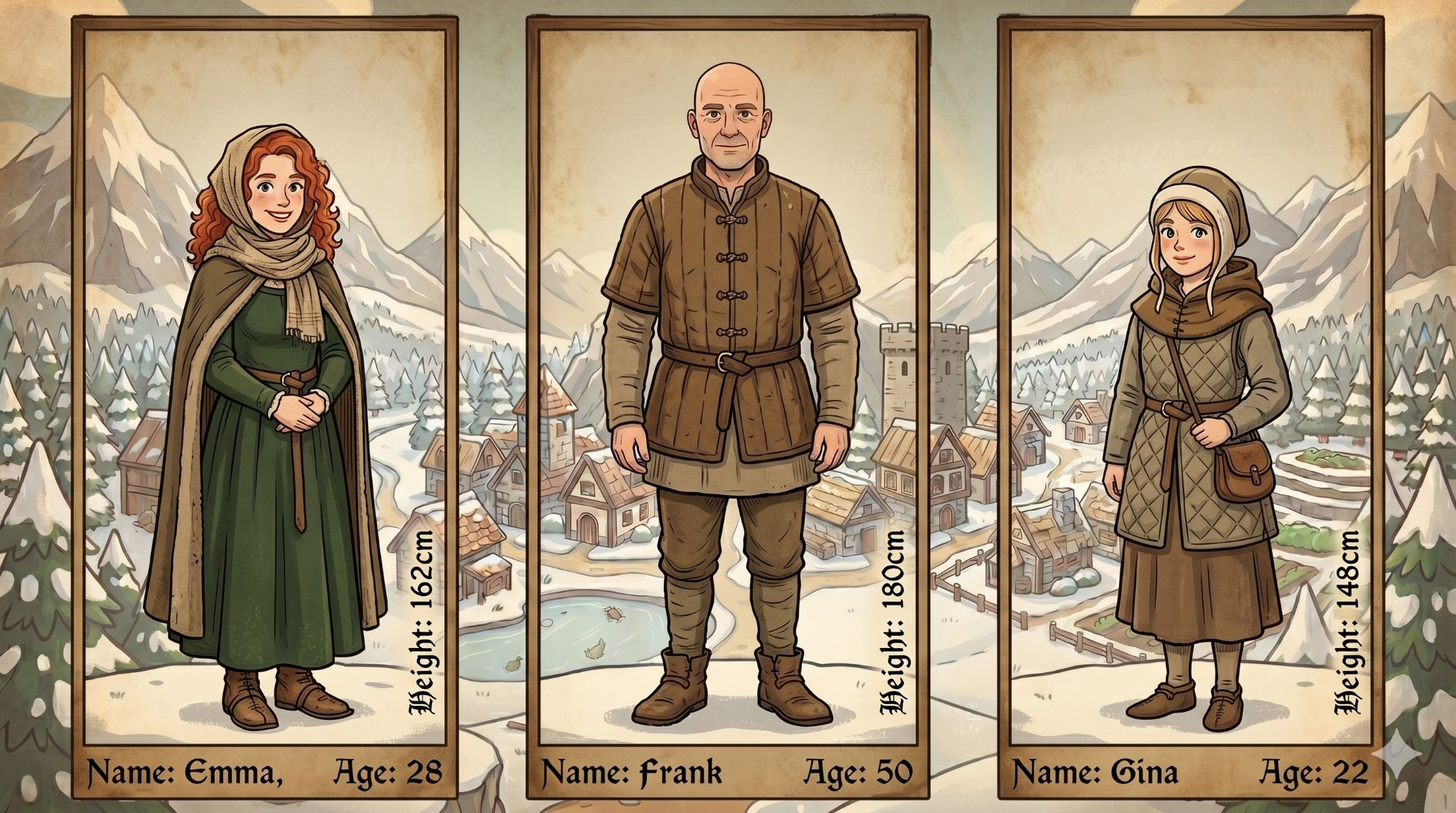 Warm storybook illustration in a hand-inked, softly watercoloured style, laid out as three vertical framed portrait panels side by side against a shared snowy alpine village backdrop of pine forest, mountains, timber cottages and a small stone tower. Left panel: Emma, a young woman with curly red hair, wearing a headscarf, a green dress and a brown cloak, captioned 'Name: Emma, Age: 28' with 'Height: 162cm' running vertically up the right edge. Centre panel: Frank, a tall bald middle-aged man in a quilted brown padded tunic, belt and boots, captioned 'Name: Frank, Age: 50' with 'Height: 180cm' vertical. Right panel: Gina, a slight blonde young woman in a bonnet, quilted brown coat and satchel, captioned 'Name: Gina, Age: 22' with 'Height: 148cm' vertical. Muted earthy palette of greens and browns over a pale aged-parchment background, gentle and folkloric mood.